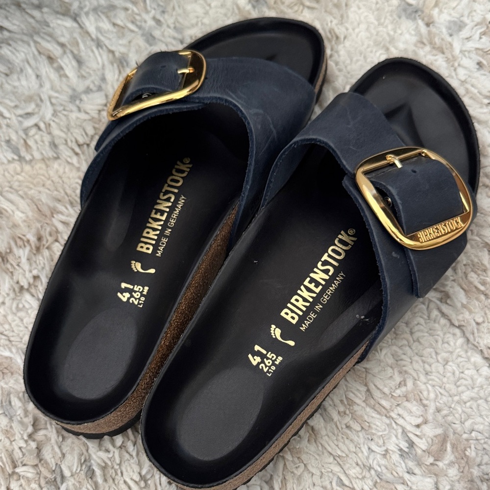 Birkenstock Navy Sandals with Gold Buckle
